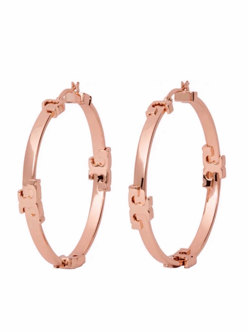 TORY BURCH • Rose Gold Serif T Logo Hoop Earrings - Picture 4 of 11